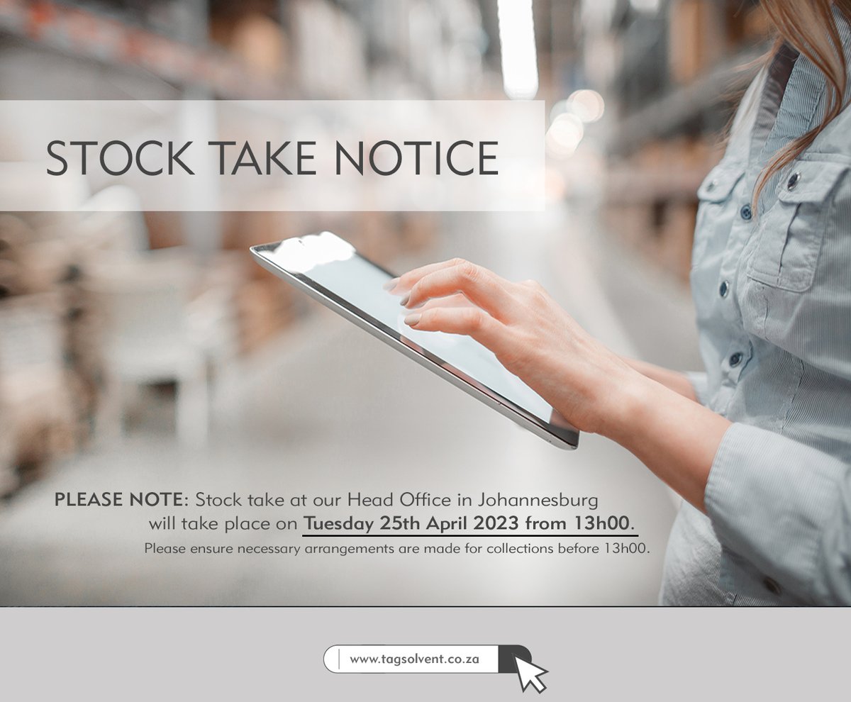 tag_pty's tweet photo. PLEASE NOTE : Stock take at our HEAD OFFICE -JOHANNESBURG will take place on Tuesday 25th April 2023 from 13h00. Please ensure necessary arrangements are made for collections before 13h00.
The yard will be open again at 08h00 on Wednesday 26th April 2023. https://t.co/Fqm4s1HtEA