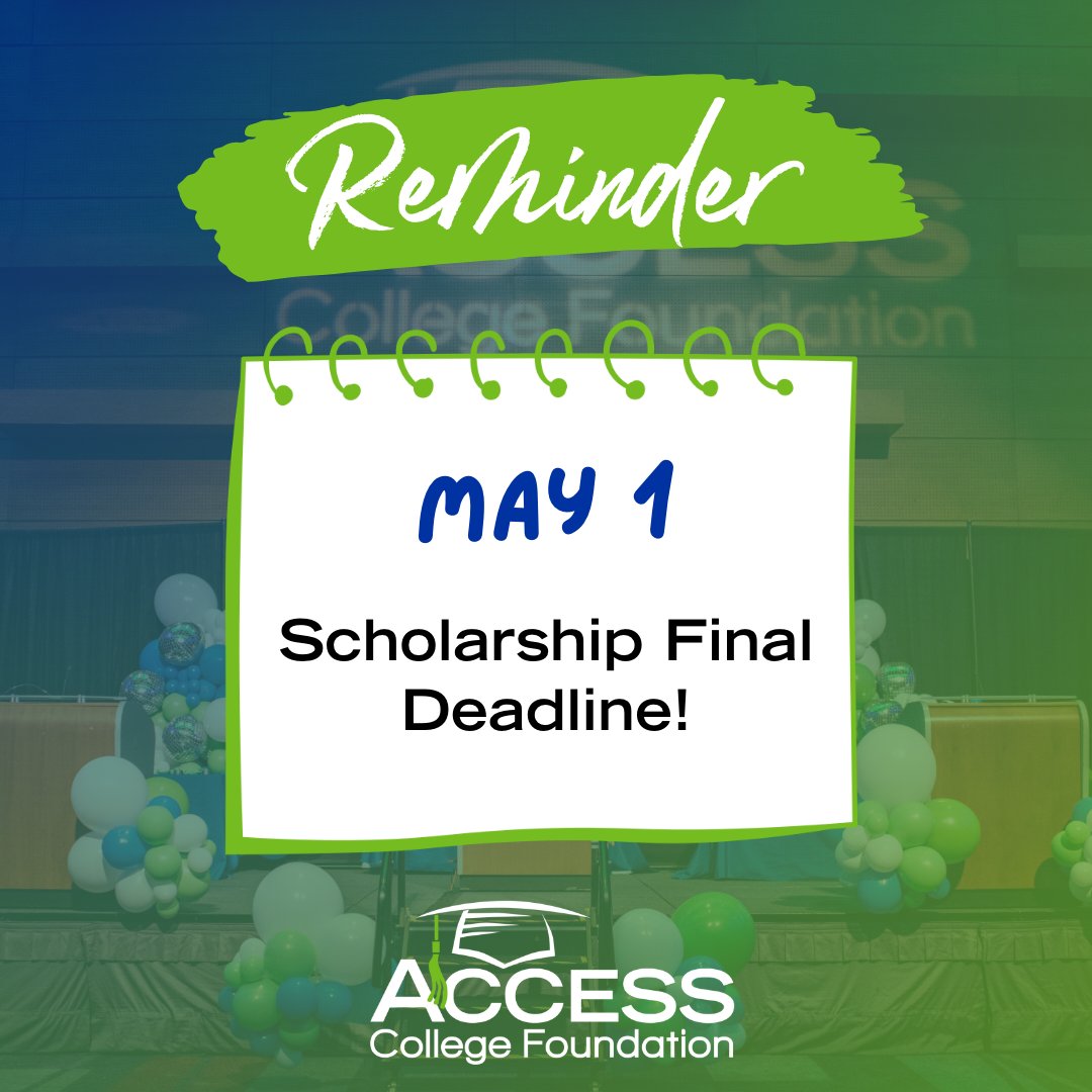 AccessCollegeFd's tweet photo. 📢Final Deadline Approaching📢

Class of 2023 don't forget the final deadline for our "Last Dollar" Scholarship is May 1st! See your ACCESS Advisor today with any questions and for assistance. #applynow #igotin2023 #scholarships #highered https://t.co/eSUa7VsR4X