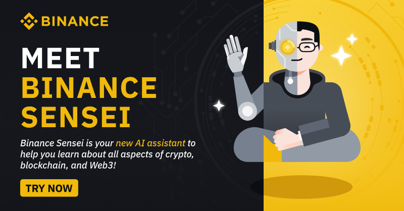 binance's tweet photo. Introducing #Binance Sensei, your personal crypto assistant powered by AI.
Learn all there is to know about crypto and Web3 with our new AI chatbot, trained to educate you on more than 1,000 articles and courses available on @BinanceAcademy.
Try it now ⤵️