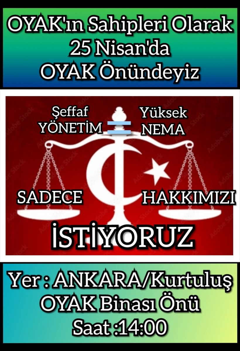 #OYAKtakiHakkınaSahipÇık
#OyadOyakÖnünde
Tüm arkadaşlarımızı bekliyoruz artık tam zamanı! 
 25 Nisan 2023 saat:14.00 davetlisiniz.OYAK üyeleri 
<a href="/OyakYatirim/">OYAK YATIRIM</a>
<a href="/OYAKPlatform/">OYAK Bilgi Platformu</a>
<a href="/OYAKCimento/">OYAK Çimento</a>
<a href="/temadankara/">TEMAD Genel Başkanlığı</a>
<a href="/Sahimsen_/">sahim-sen</a>  <a href="/SimesenMevzuat/">SİMESEN</a> <a href="/TesudMerkez/">TESUD Genel Merkez</a> <a href="/TEMADGenMerkezi/">TEMAD Gen.Bşk.lığı</a> <a href="/UzmanlarFedera2/">Uzmanlar Federasyonu</a>