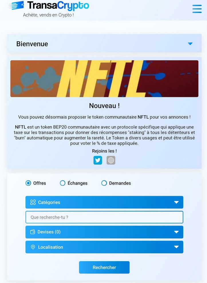 Echange en #crypto c'est comme #leboncoin
#annonce 
abonnez vous <a href="/TransaCrypto/">TransaCrypto</a> 
#Bitcoin disponible
$NFTL #ada #ETH #XRP #BNB etc....