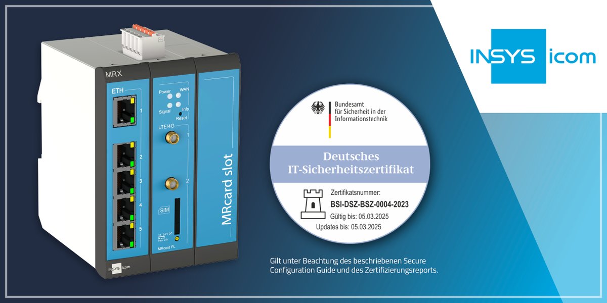 Unser Router MRX3 LTE wurde mit dem IT-Sicherheitszertifikat des Bundesamts für Sicherheit in der Informationstechnik (BSI) gemäß BSZ-Prüfverfahren ausgezeichnet! 

Er ist der erste Hutschienen-Router am Markt mit dieser Zertifizierung.

Mehr Info: bit.ly/3GAYks4