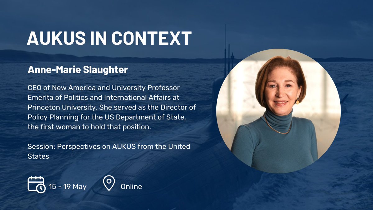 Security & Defence PLuS (@secdefenceplus) on Twitter photo We're thrilled to announce that <a href="/SlaughterAM/">Anne-Marie Slaughter🇺🇦</a>, CEO of <a href="/NewAmerica/">New America</a>, will speak at AUKUS in Context, our new professional development course designed by <a href="/KingsCollegeLon/">King's College London</a>, <a href="/ASU/">Arizona State University</a> and <a href="/UNSW/">UNSW</a>.
Register here ⬇️
kcl.ac.uk/short-courses/… We're thrilled to announce that <a href="/SlaughterAM/">Anne-Marie Slaughter🇺🇦</a>, CEO of <a href="/NewAmerica/">New America</a>, will speak at AUKUS in Context, our new professional development course designed by <a href="/KingsCollegeLon/">King's College London</a>, <a href="/ASU/">Arizona State University</a> and <a href="/UNSW/">UNSW</a>.
Register here ⬇️
kcl.ac.uk/short-courses/…