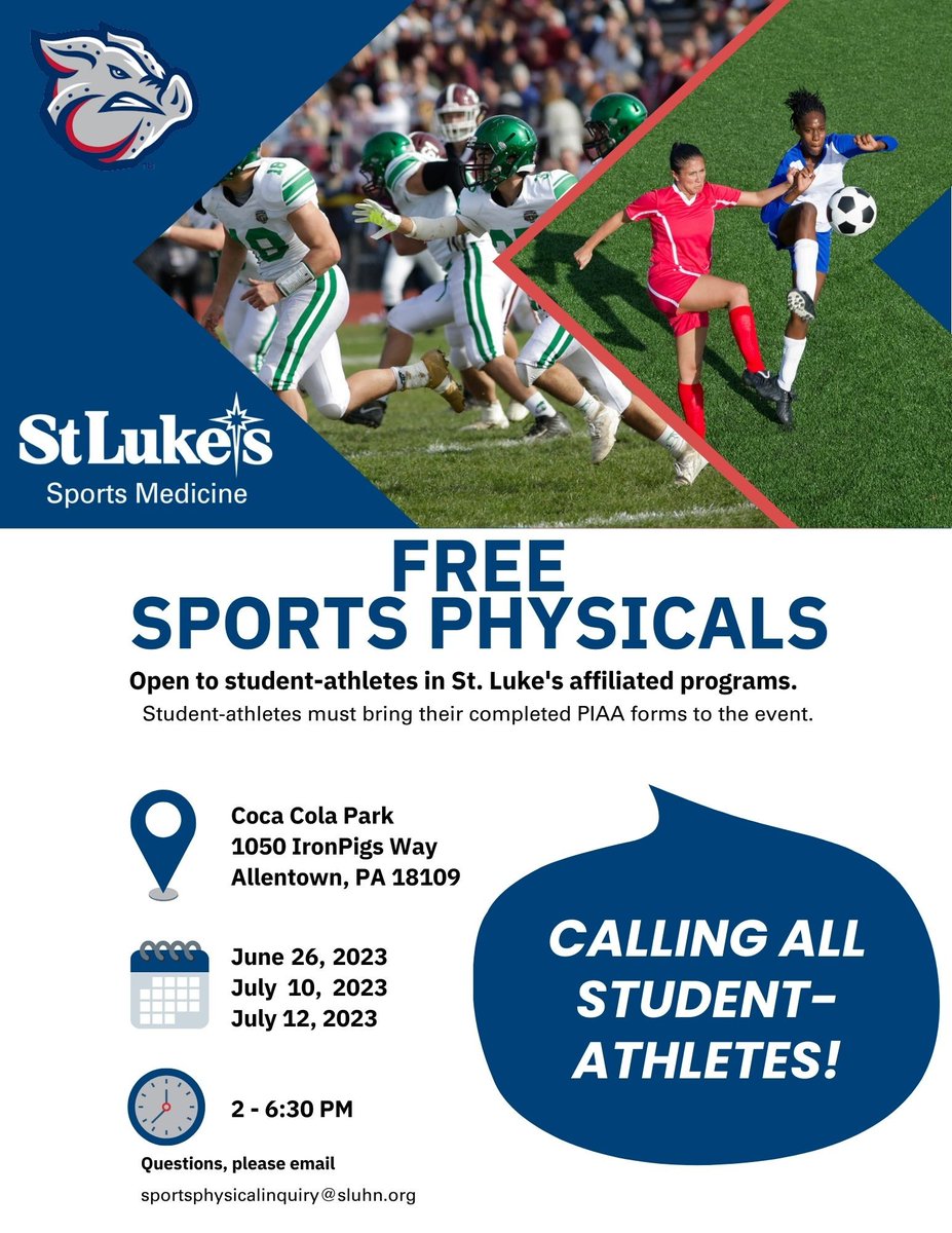 St. Luke's Sports Medicine is once again very happy to announce FREE Sports Physicals this summer!

Where: Coca Cola Park - 1050 IronPigs Way, Allentown
When: 2-6:30PM on June 26, July 10, July 12

Click the link below to register TODAY!
ow.ly/hmES50NPSRw
<a href="/mystlukes/">St. Luke's University Health Network</a>