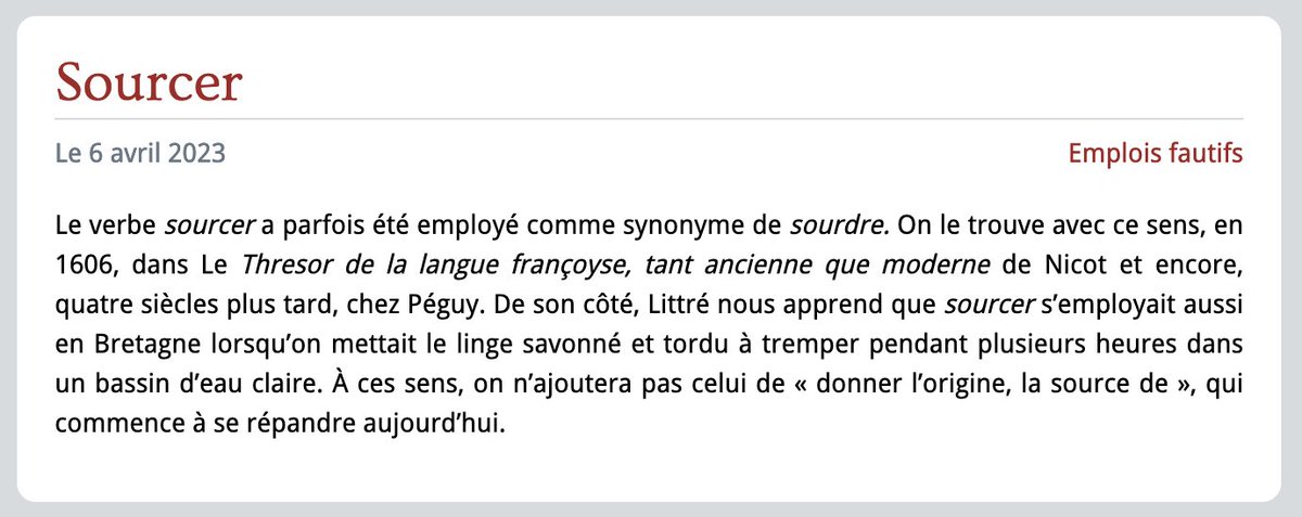 MedericGC's tweet photo. Sous couvert de "défendre" la langue française, l'Académie française veut en fait la tarir, l'assécher.
Ex. récent : alors que le verbe 'sourcer', bien utilisé, est recensé dans le Larousse et le Robert, l'Académie, SANS AUCUNE JUSTIFICATION, souhaite ne pas "ajouter" ce sens. https://t.co/rmg5PJ9euN