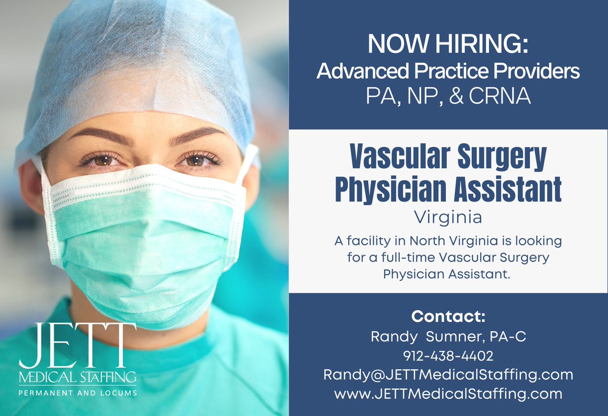 Now Hiring a Vascular Surgery Physician Assistant for Virginia!

Apply Here: 1l.ink/QBNW7MW

#PAOwnedStaffingAgency #PhysicianAssistantRecruiters #physicianassistantjobs #PhysicianAssistants #NursePractitioner #Virginia #VAJobs #Jobs #JETTMedicalStaffing