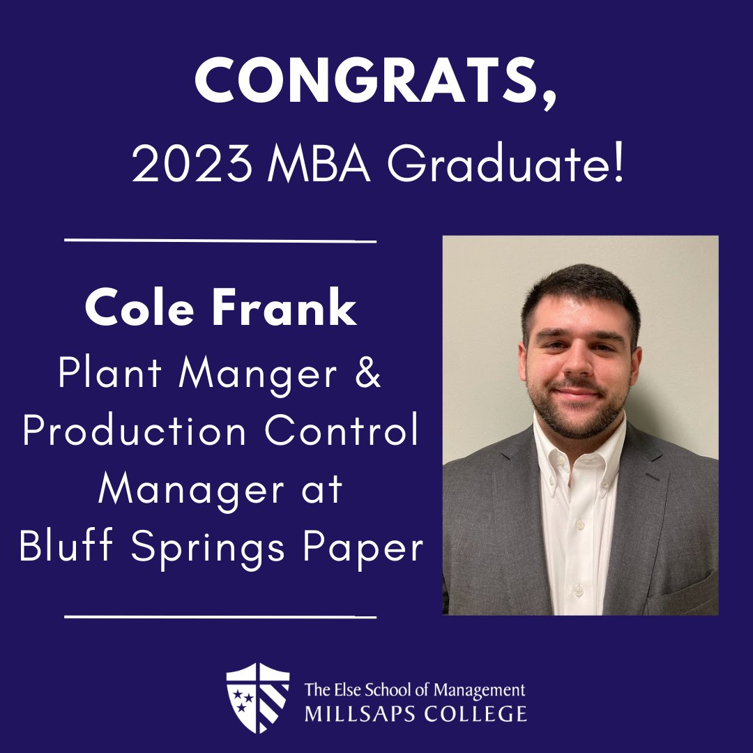 MillsapsMBA's tweet photo. 2023 MBA Graduate, Cole Frank, will continue his position as Plant Manager &amp; Production Control Manager at Bluff Springs Paper in Kosciusko, MS. 

Congrats, Cole!

#Millsaps #ElseSchool #WhyLearnAnywhereElse #MillsapsMBA #MBA #Business https://t.co/CNpQnuvicS