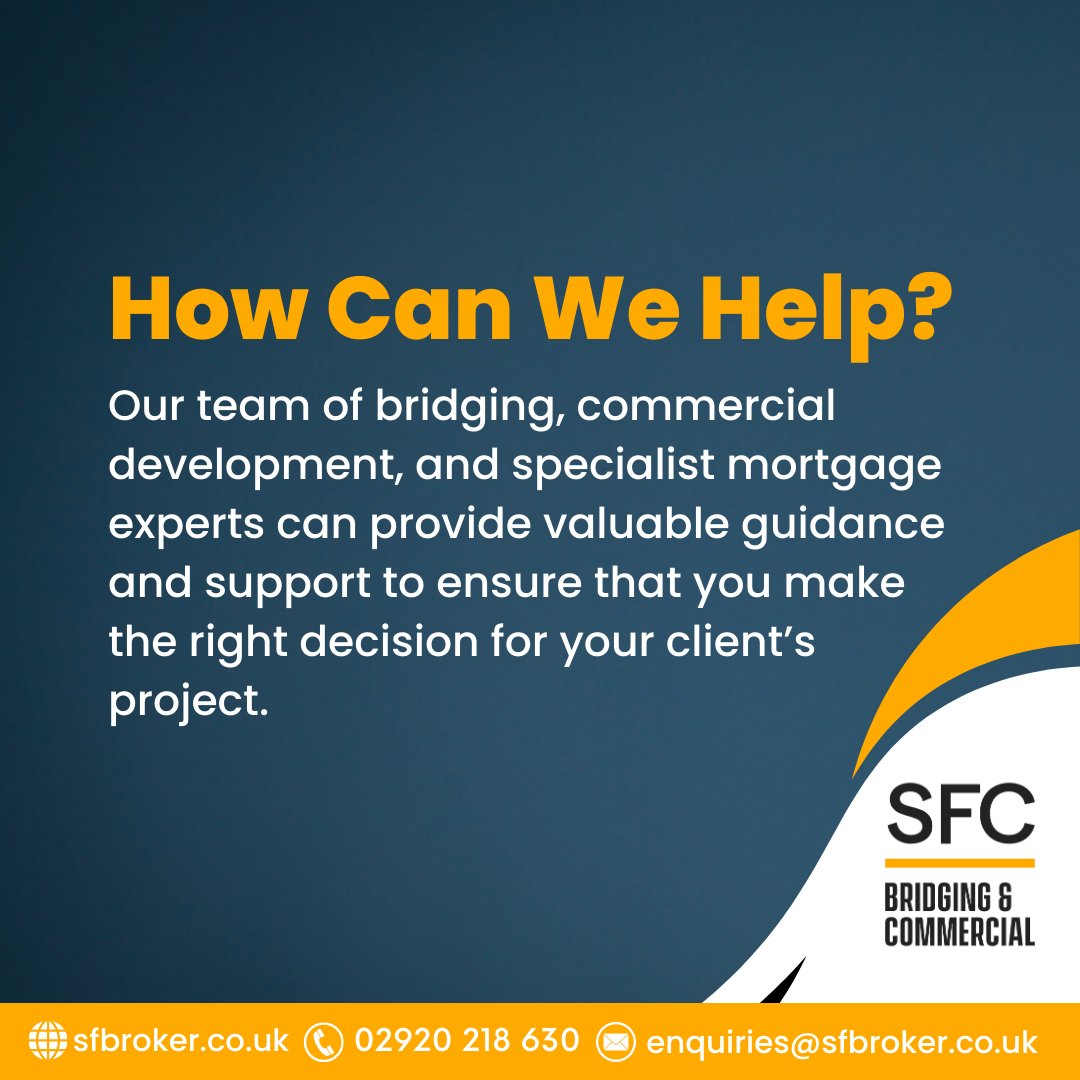 sfbroker1's tweet photo. Our team of bridging, commercial development, and specialist mortgage product experts can provide valuable guidance and support to ensure that you make the right decision for your client’s project. 

Email enquiries@sfbroker.co.uk or by calling 02920 218 630. https://t.co/OJX4S4BZR1