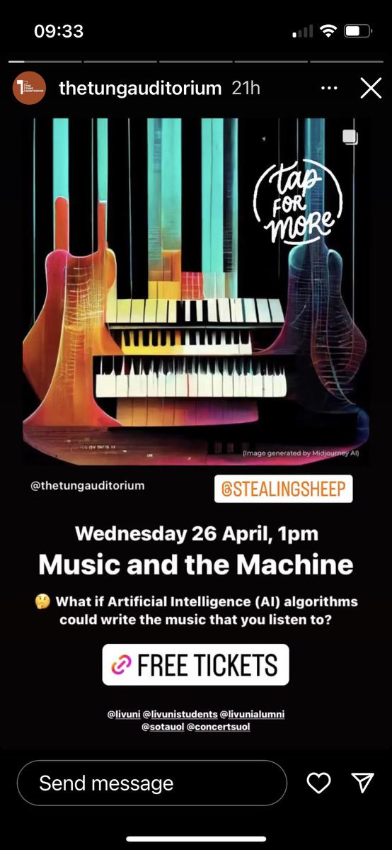 Weds 26th 1pm Music and the Machine 💻 @TungAuditorium @LivUni with @AMresearchlab and @stealingsheep Tickets are FREE! 48 hrs to go If you’re wondering what AI music is all about and its legal and ethical implications, this is the event for you! @SotaSSC #AIMusic #Copyright