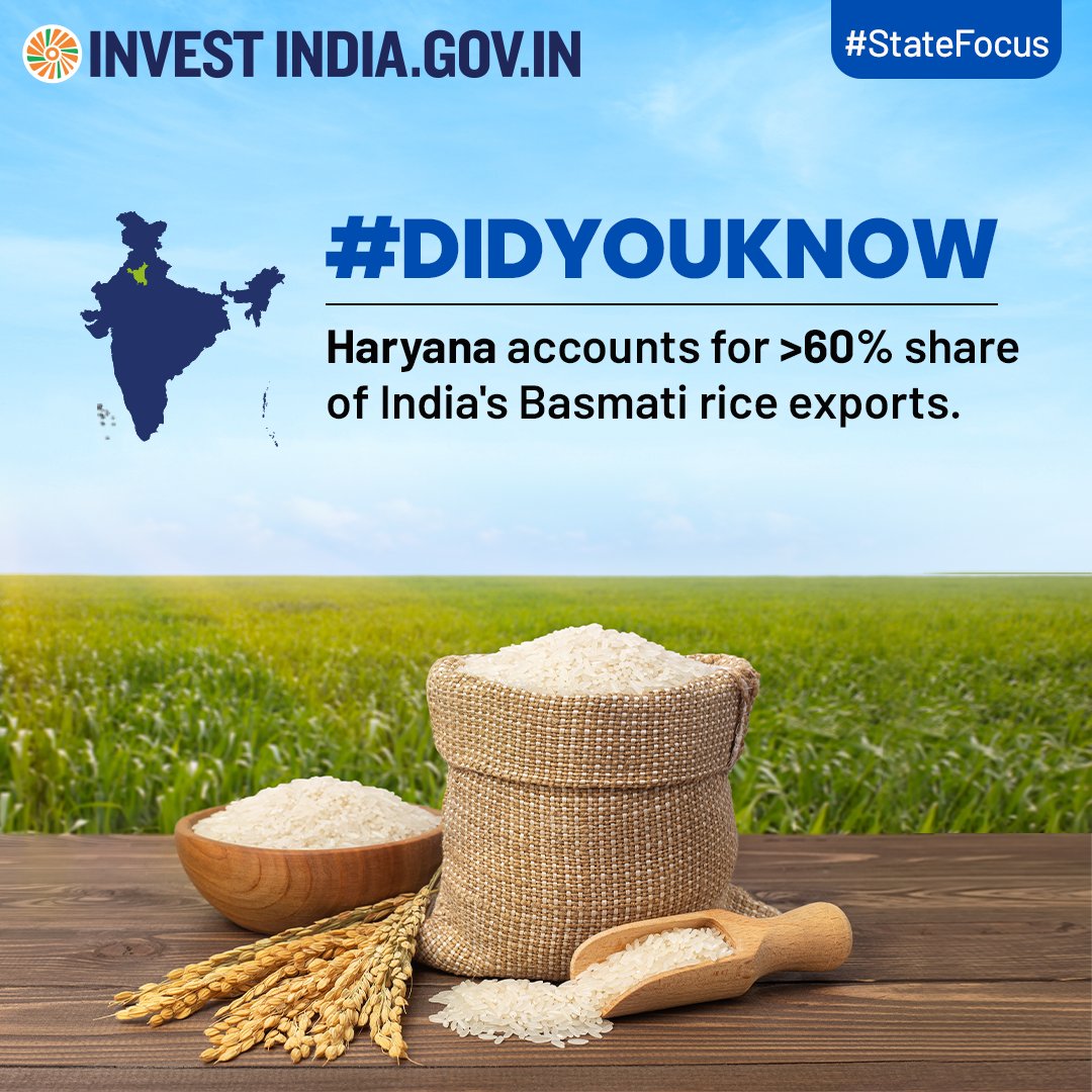 investindia's tweet photo. #StateFocus

Haryana has over 80% of its geographical land under cultivation.

Explore more at: https://t.co/2c7VPgEgfL

#InvestInHaryana #InvestInIndia #Haryana #Basmati #RiceExports @mlkhattar @MOFPI_GOI https://t.co/f5EgrY1P4z