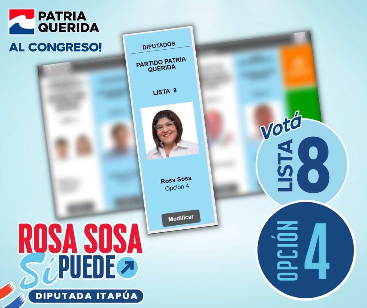 rosasosal8's tweet photo. Vos sabés la fecha, la lista, la opción y quien #SíPuede. 

¡Votá por el futuro de Itapúa! 🇵🇾 🔜

#Lista8 #Opción4 @patriaquerida https://t.co/ElQqjlQqa1