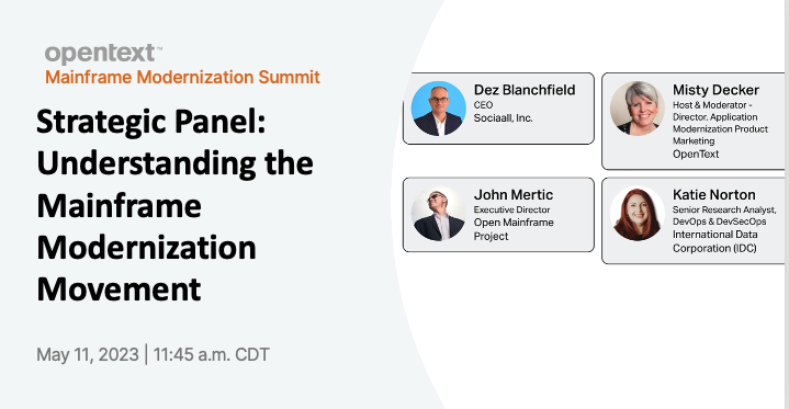 Join @OpenMFProject at #Mainframe Modernization Summit on May 11! @jmertic, @MicroFocusCDMS's @MistyMVD, @IDC's @KatieDNorton1, & @dez_blanchfield will lead a discussion about the #MainframeModernization Movement. Learn more & register: hubs.la/Q01MnqZH0 #MainframeMod23