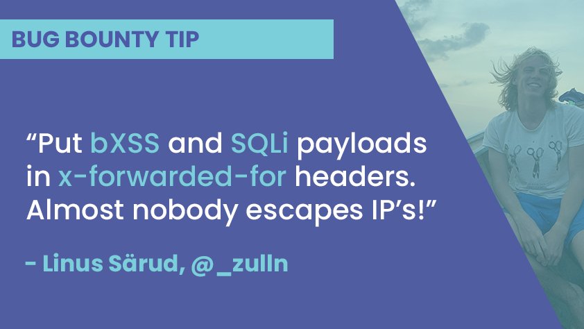 bug_bounty_tips's tweet photo. The X-Forwarded-For header turns out to be a perfect place to hide your blind XSS or SQL injection payloads, according to @_zulln. Thanks for the tip, Linus! #BugBountyTip #HackWithIntigriti https://t.co/DSIeYiv2o4