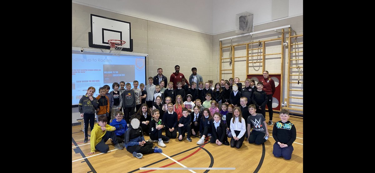 LadyloanPS's tweet photo. A big thank you to @ArbroathFCTrust for coming along to our P4-P7 assembly this morning. Georgia, along with Paul Komolafe, Sean Adarkwa and Lewis Banks from @ArbroathFC talked to the pupils about Show Racism the Red Card. https://t.co/PoyjT1Zd7g