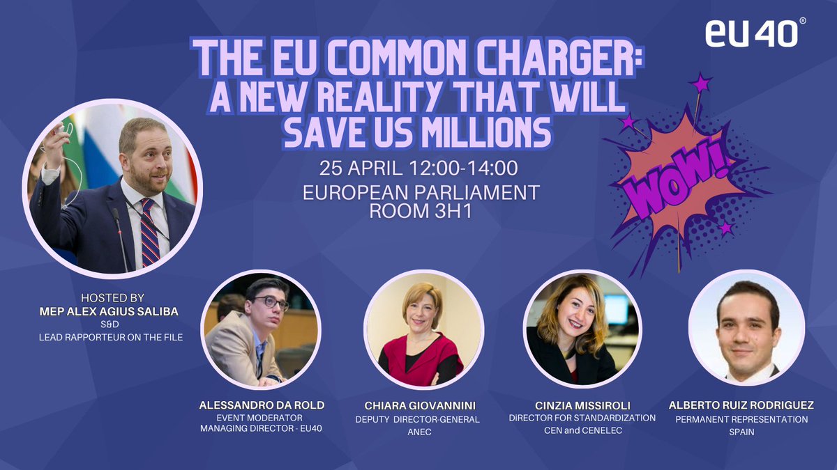 eu40's tweet photo. ❗ 🔌 Happening tomorrow: "The #EU Common Charger: a new reality that will save us millions!"
💬Hosted by EU40 MEP @alexagiussaliba
📅25/04 12:00-14:00
📌EP 3H1
Info: https://t.co/GZ3nqasAKJ
#EU40talks #Chargers #innovation #Sustainability https://t.co/mgTaLgl5hw