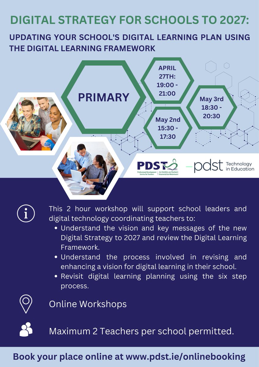 Additional places available on our PRIMARY workshops Digital Strategy for Schools to 2027: Updating your Schools Digital Learning Plan Using the DLF.

📅⏰April 27th 7pm - 9pm
📅⏰May 2nd 3:30pm - 5:30pm 
📅⏰May 3rd 6:30pm - 8:30pm

Register here - pdst.ie/onlinebooking