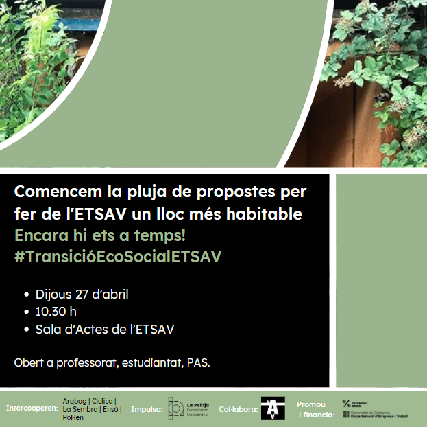 LaPolitja_'s tweet photo. ✋ La comunitat @_etsav_  parla! Com fem de la universitat un lloc més habitable? Volem conèixer la teva opinió! 

> Vine el 27 d'abril a les 10:30 h a la Sala d'Actes
> Omple els panells que trobaràs davant la biblioteca amb les teves propostes

#Singulars22 @econ_socialcat https://t.co/3c9Qkj5o4g