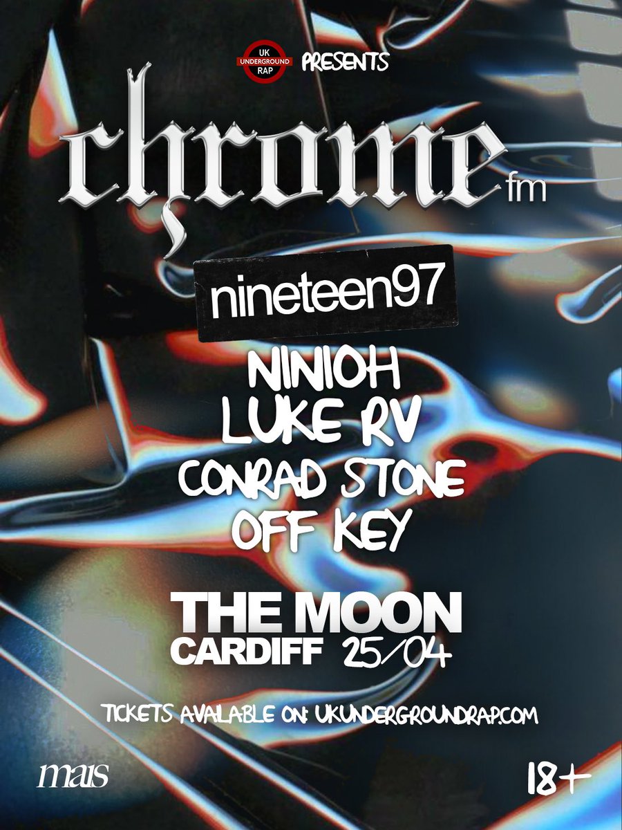 ☀️👉 TOMORROW / YFORY! 👈☀️

📻 #ChromeFM 

@_UK_Underground Rap bring through a casual Tuesday night showcase - with some pure fire waiting in the wings 

🔥 <a href="/devszallday/">nineteen97</a>
🔥 @Ninioh9 
🔥 <a href="/lukervv/">Luke RV</a>
🔥 @ItsConradStone 
🔥 Off Key

🌆 <a href="/TheMoonCardiff/">The Moon Cardiff 🎟️SUPPORT YR LOCAL MUSIC VENUE</a> 
🚪 7pm
🎟️ £10