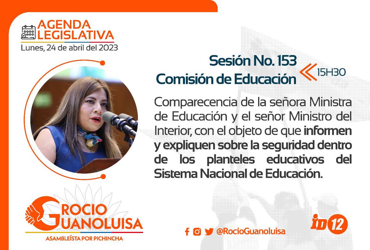 Excelente Inicio de semana.

Hoy, en la Comisión de <a href="/EducacionAN/">CECCYT</a> comparecerá la Ministra de Educación y el Minitro del Interior por la violencia en las instituciones de educación.

#RociAsambleísta🍊
#IzquierdaDemocrática