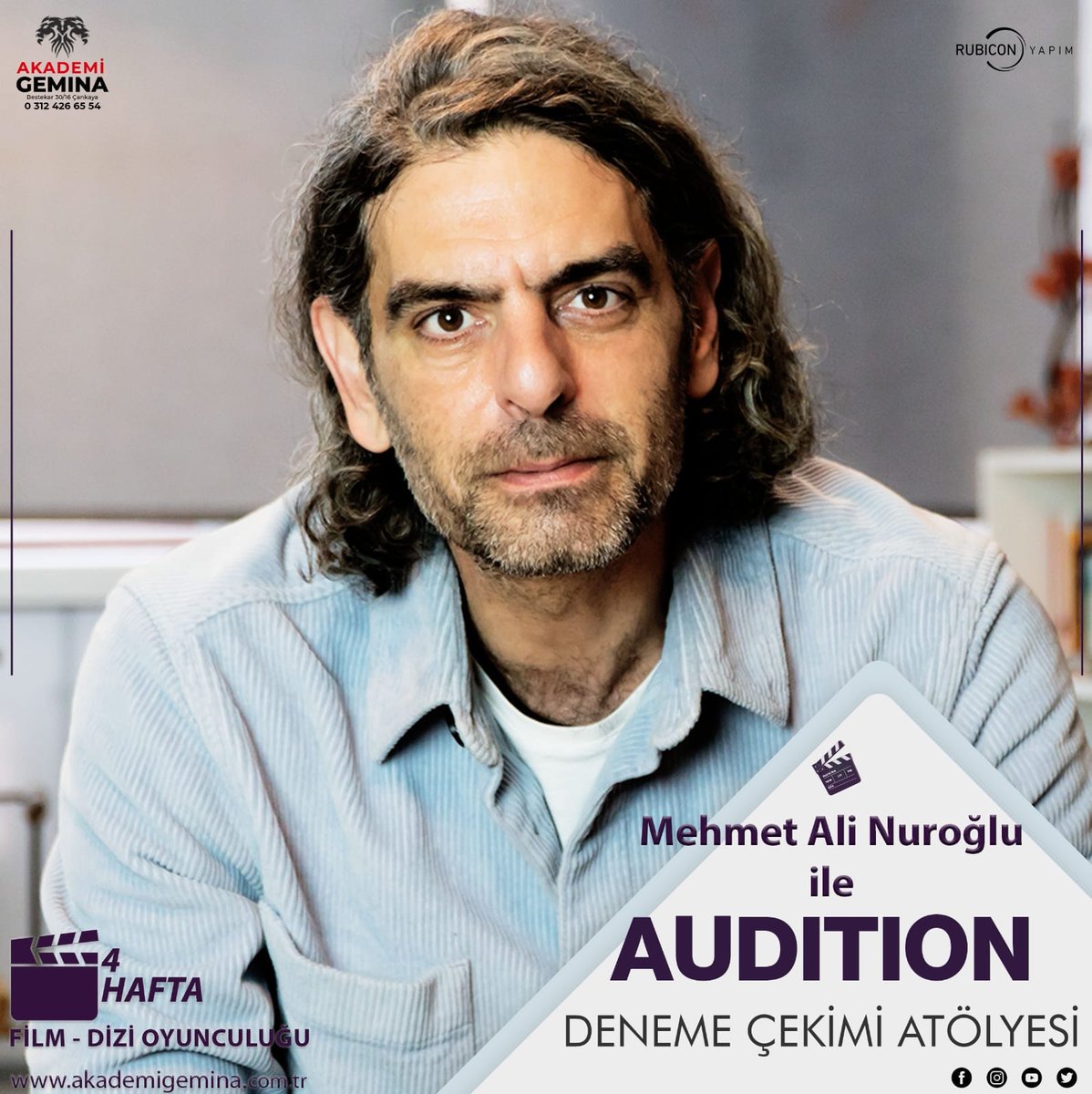 Deneyimli Oyuncu Mehmet Ali Nuroğlu yönetimindeki audition atölyemiz başlıyor. Atölyemize katılarak oyuncu seçmelerine en iyi şekilde hazırlanabilir, yeni bir kariyer için ilk adımı atarken hoşça vakit geçirebilirsiniz. Bilgi için lütfen bize ulaşın.
0533 508 65 54
0312 426 65 54
