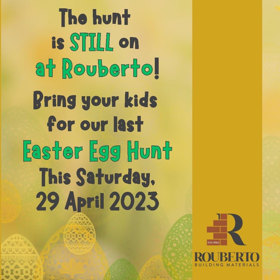 Rouberto_CC's tweet photo. Did some-bunny say Easter Egg Hunt? Join us for a hoppin' good time at our last egg-citing Easter Egg Hunt at Rouberto this Saturday, 29 April 2023. 🐣🥚

TC&amp;C's apply.

WhatsApp us on 082 938 8528.  

#Rouberto #RoubertoTips #DIY #diyhacks #DIYTips #easter2023  #easterfunday https://t.co/aO0pF3lHUu
