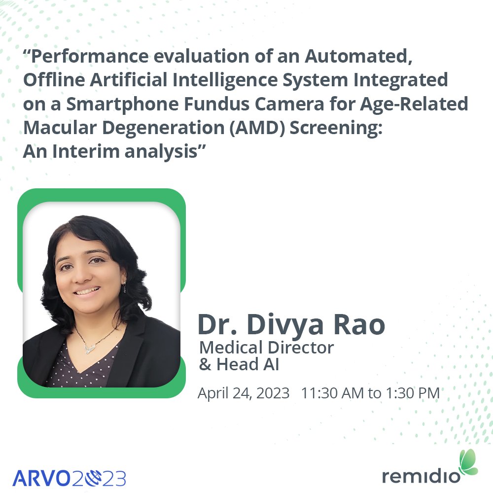 Dr. Divya Rao, will present at the ongoing #ARVO2023 about research we conducted towards tackling one of the leading causes of blindness, #AgerelatedMacularDegeneration #AMD

#ai #ophthalmology #science #visualhealth #ophthalmicintelligence #innovation #artificialintelligence