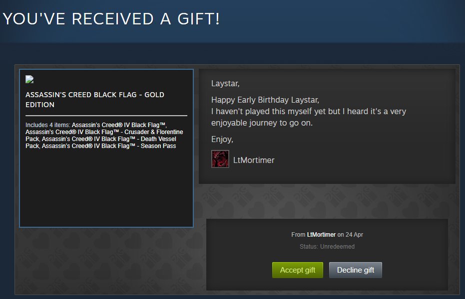 Whaaaaa thank you for Black Flag for my early birthday, @LtMortimer! 🥺💕

Why is suddenly everyone giving me games ;-;
I don't deserved you guys' kindness...
I'll enjoy this game to the fullest because AC has always been my favourite game and journeys in my heart.😭😭😭