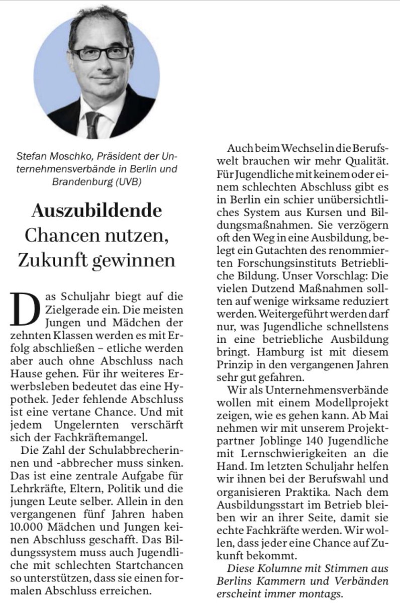 Ohne #Schulabschluss ins Berufsleben zu starten, ist für junge Menschen die denkbar schwerste Hypothek. Was die Politik in #Berlin &amp; #Brandenburg tun könnte, damit jeder nach der Schule eine Chance auf eine #Ausbildung hat, schreibt UVB-Präsident <a href="/stefanmoschko/">moschkostefan</a> im <a href="/Tagesspiegel/">Tagesspiegel</a>.