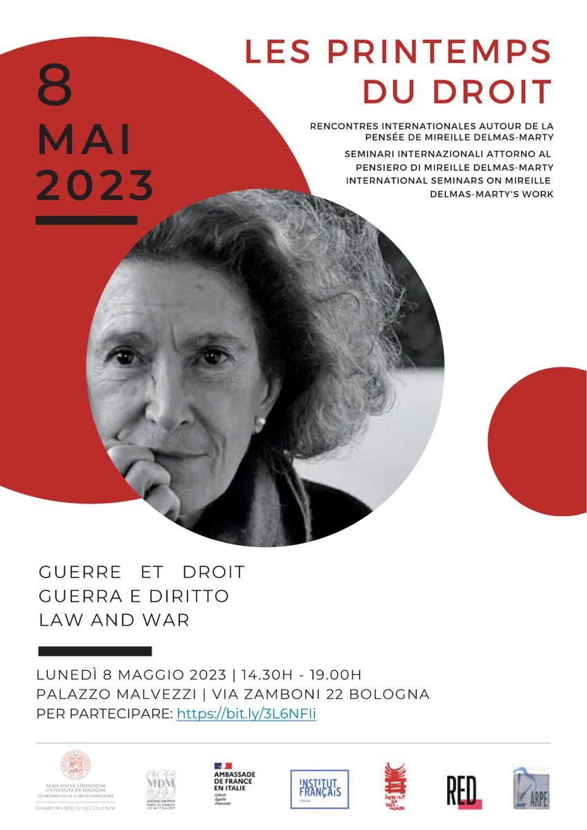 #Bologna 8 maggio 2023 <a href="/Unibo/">Università di Bologna</a>  Les printemps du droit - Primo incontro internazionale sul pensiero di #MireilleDelmasMarty. Tutte le informazioni per partecipare in presenza o da remoto 👉 :
lnkd.in/dsHewCuV