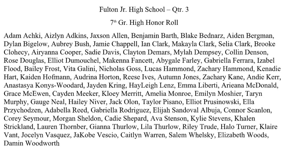 Fulton Junior High (@fulton_jrhigh) on Twitter photo Please congratulate our FJHS high honor roll and honor roll students this quarter! Please congratulate our FJHS high honor roll and honor roll students this quarter!