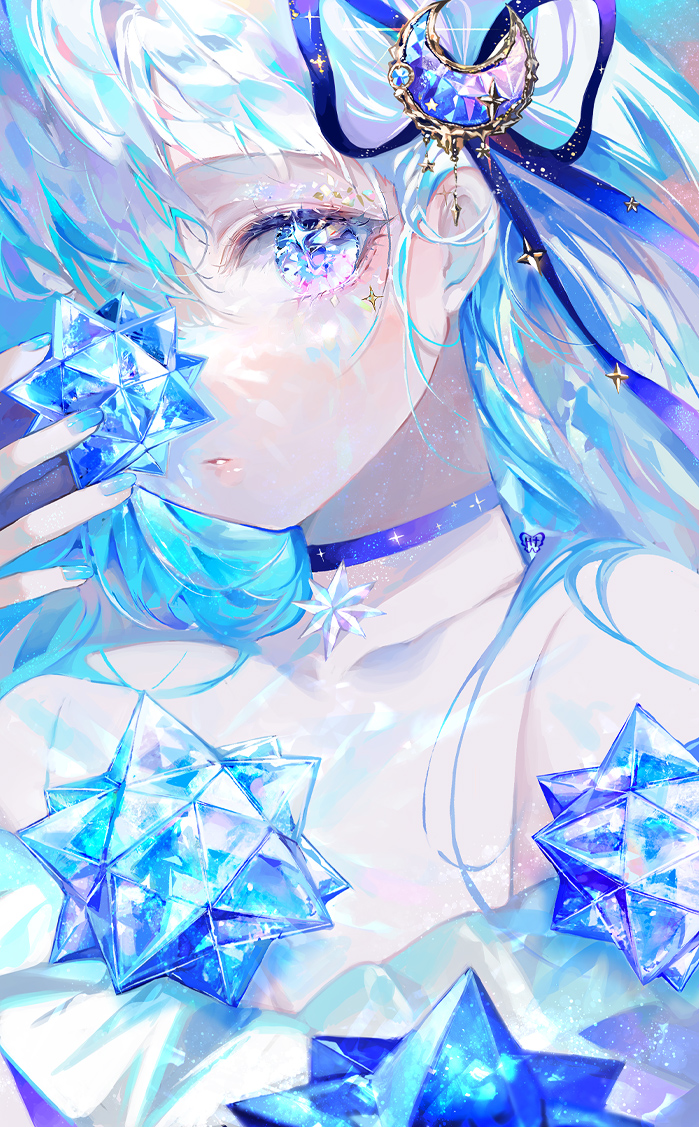 1girl solo choker blue choker blue hair looking at viewer long hair  illustration images