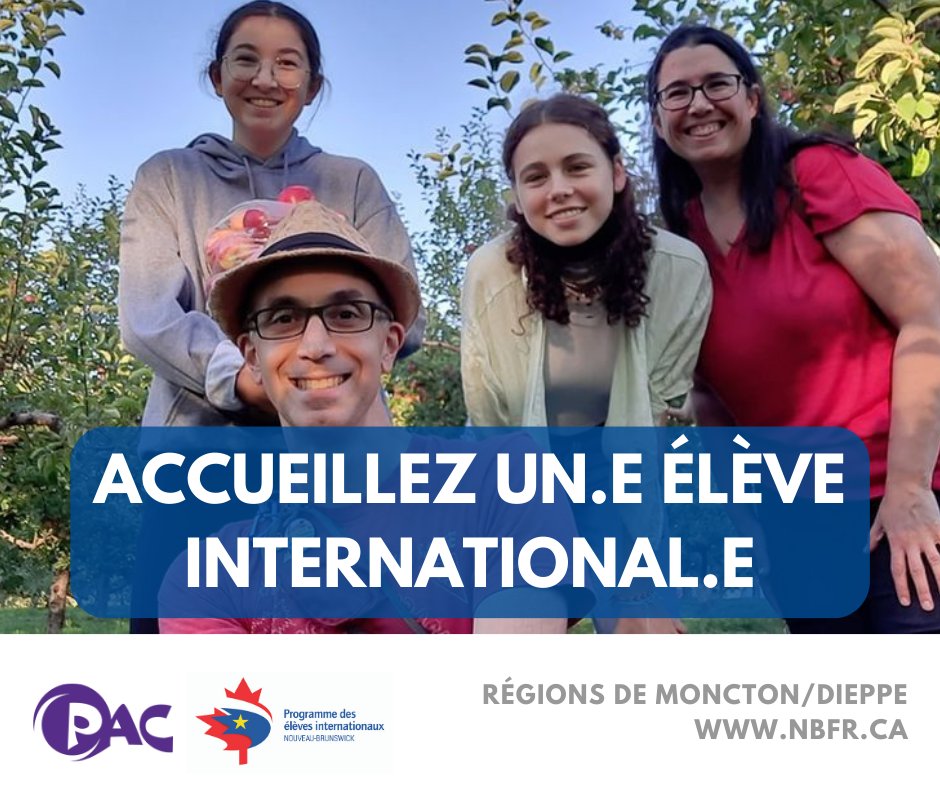 On est à la recherche de familles d'accueil dans les régions de Moncton/Dieppe ! 
Vivez une expérience internationale de chez vous!
Pour plus d'information: 506 532 8532 ou admin@pacnb.org 
Plus d'info : pacnb.org/fr/services/pr…