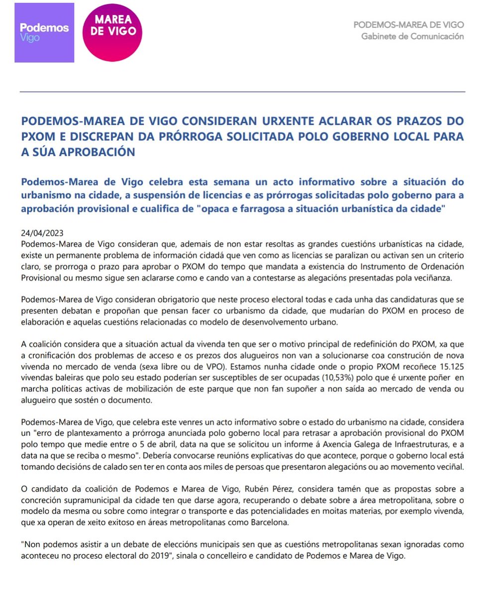 🏘️<a href="/PodemosVigo/">Podemos Vigo</a>-<a href="/MareaVigo/">Marea de Vigo</a>  celebra esta semana un acto informativo sobre a situación do urbanismo na cidade, a suspensión de licencias e as prórrogas solicitadas polo goberno para a aprobación provisional e cualifica de "opaca e farragosa a situación urbanística da cidade"