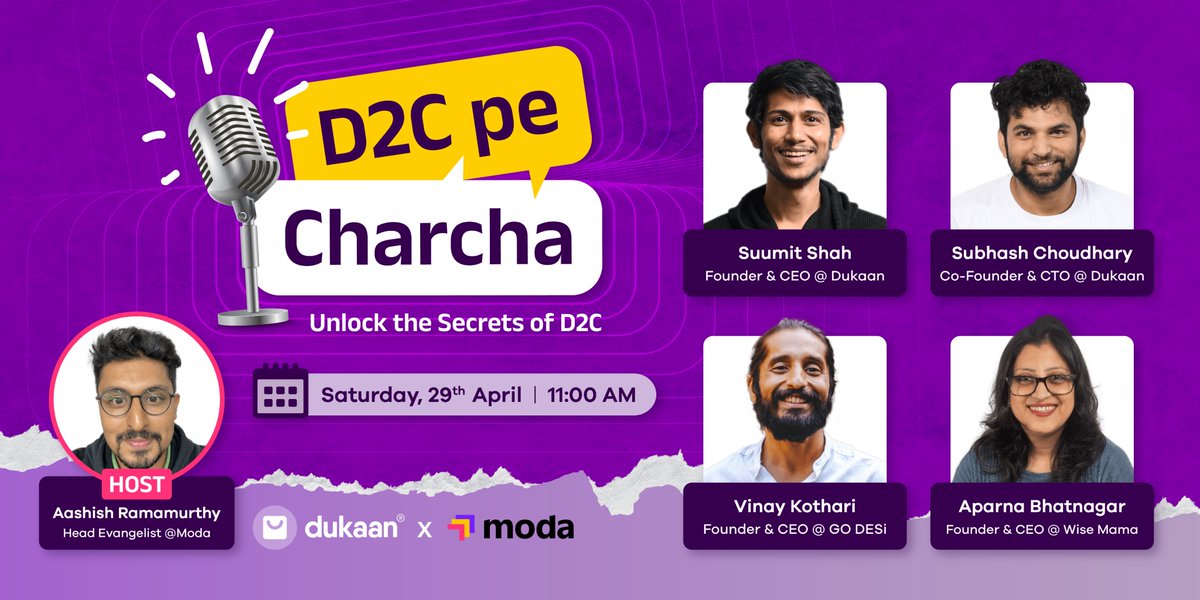 mydukaanapp's tweet photo. Looking to dive into the rapidly growing world of D2C?

Join us for an epic panel discussion brought to you by Dukaan and Moda. 💪

Brace yourselves for an incredible lineup of panelists who will be sharing their experiences and offering invaluable advice! https://t.co/VxFo9rH3G3