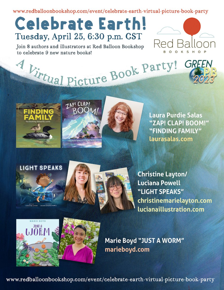 Almost here (4/25/23)! I'm part of an awesome group (here are a few) of #kidlit authors/illus celebrating new nature #picturebooks w a virtual event and book #giveaways! Details and reg at redballoonbookshop.com/event/celebrat… @RedBalloonBooks   @KidsBloomsbury @LernerBooks @GreenPb2023