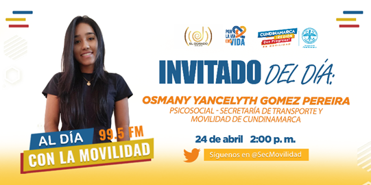 MovilidadCundi's tweet photo. Uno de los invitados en #AlDíaConLaMovilidad es Osmany Gómez Pereira, Psicosocial – Secretaria de Transporte y Movilidad de Cundinamarca.
Conéctate a las 2:00 p.m. vía #FacebooLive en @ElDoradoRadio.Co o sintoniza los 99.5 FM.
#Cundinamarca #RegiónQueProgresa #PorLaVíaDeLaVida https://t.co/xJ7squQHAL