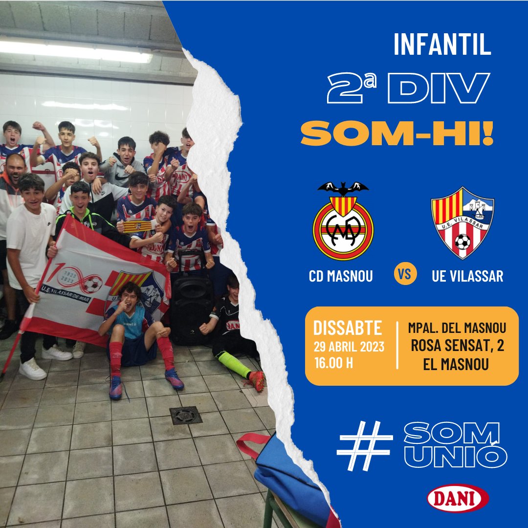 UEVilassardeMar's tweet photo. 📢 Eps, #afició! El cap de setmana vinent el nostre equip Infantil C masculí pot proclamar-se campió de lliga! 👏🏼

⚽️ @cdmasnou A vs. Infantil C
🏟️ Municipal del Masnou (C/ Rosa Sensat, 2)
📅 29 d'abril
🕓 16:00 h

Som #unió, som #futbol! A per totes, #equip 🙌🏼🙌🏼 https://t.co/m3DGAYzP9k