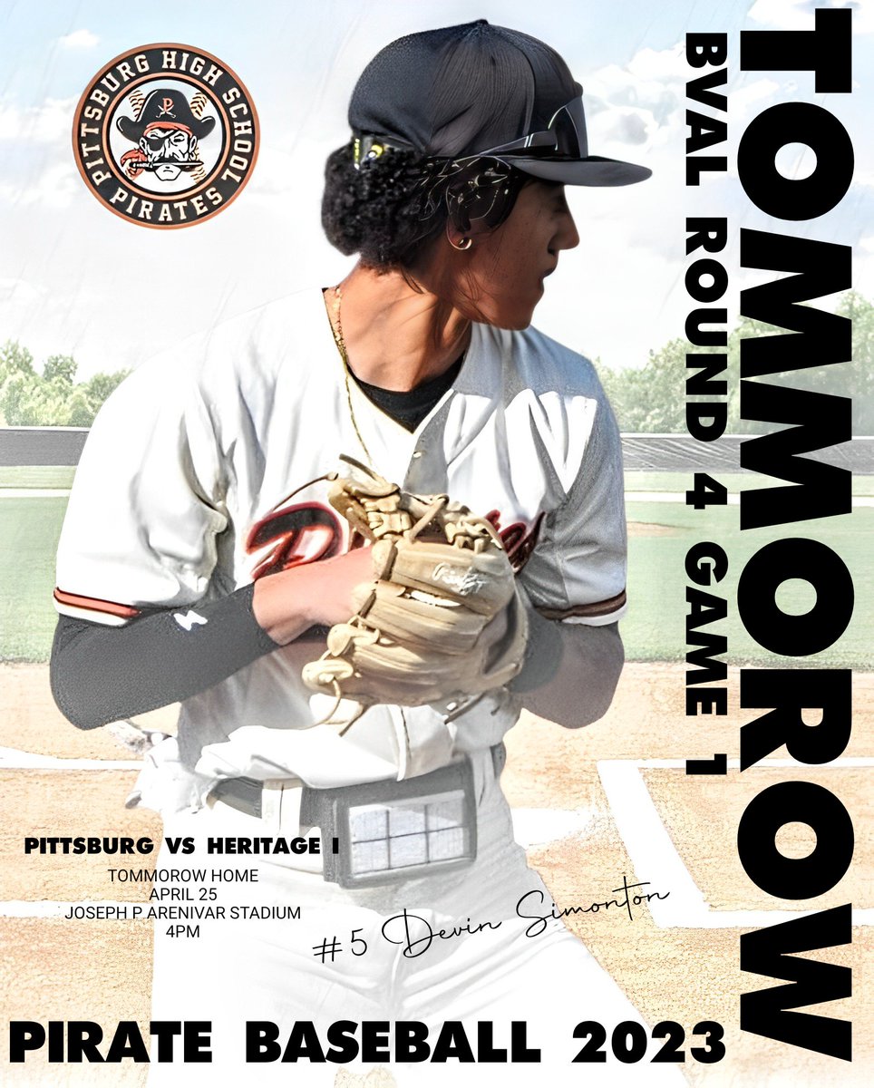 jimlewpittsburg's tweet photo. Pirate Varsity Baseball Tommorow: The Pittsburg Pirates take on The Heritage Patriots at home Joseph P. Arenivar Stadium in The BVAL 2023 Round 4 (Game 1) 4pm start #98yearsofwinning #HoistTheColors #PittsburgHighSchool #baseball #baseball2023 #baseballlife https://t.co/RdpixZoGtZ