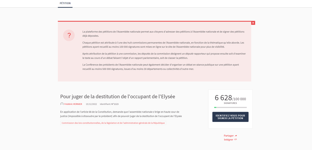 AlertesInfos's tweet photo. 🚨🇫🇷ALERTE INFO - Une pétition sur le site de l'Assemblée nationale demandant la destitution d'Emmanuel #Macron recueille 6 000 signatures et ne cesse de grossir. https://t.co/L7obPvuj3T