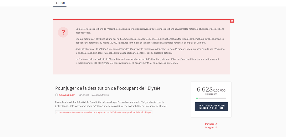 🚨🇫🇷ALERTE INFO - Une pétition sur le site de l'Assemblée nationale demandant la destitution d'Emmanuel #Macron recueille 6 000 signatures et ne cesse de grossir.