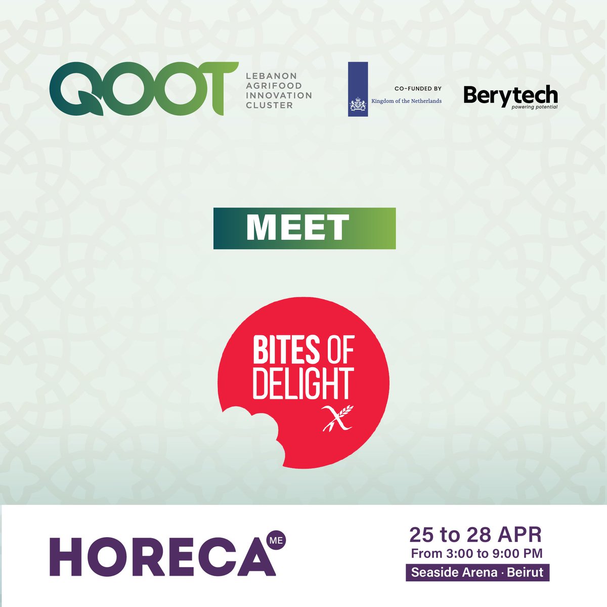 QOOT Cluster member Bites of Delight will be one of the members showcasing at our booth in HORECA this year. 
Book your calendars and join us April 25 – 28 from 3 to 9 pm at the Seaside Arena, Beirut.

qoot.org/qoot-cluster-s…

@HorecaConnects #HORECALebanon #QOOTinHORECA