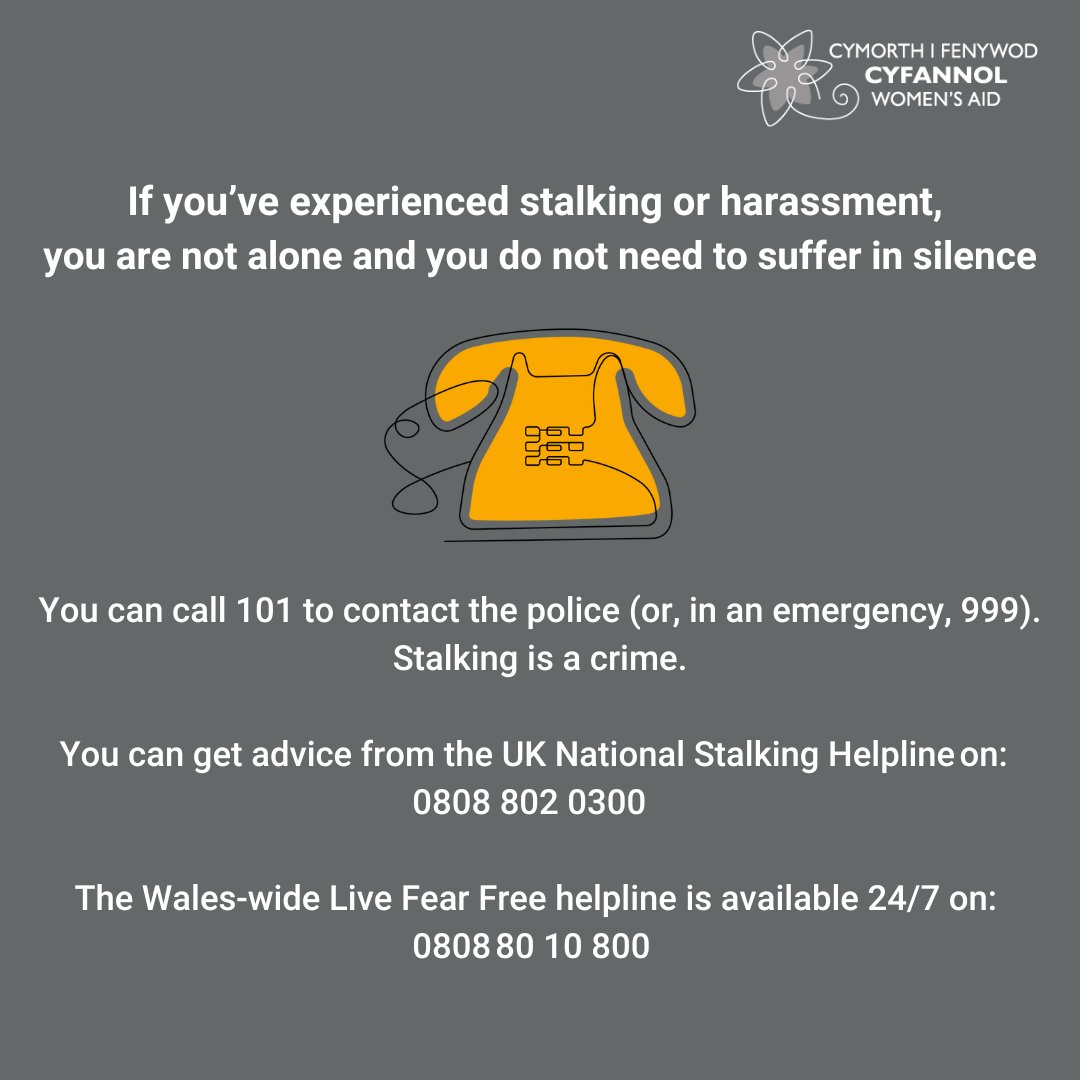 Cyfannol Women's Aid (@cyfannolwaid) on Twitter photo If you feel scared, distressed or threatened as a result of repeated behaviour - such as: following, contacting, publishing material about you, monitoring, loitering, interfering with property, watching or spying - this is stalking. #NSAW23 If you feel scared, distressed or threatened as a result of repeated behaviour - such as: following, contacting, publishing material about you, monitoring, loitering, interfering with property, watching or spying - this is stalking. #NSAW23