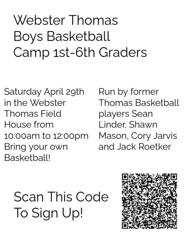 Great opportunity this weekend for 1st-6th grade boys in Webster.  No cost basketball camp with former players.  Go have some fun!!!  @