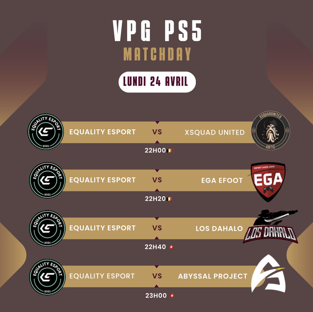 ⚫️⚪️MATCHDAY⚪️⚫️

🏆| @swissvpg
🏟️| 🆚 @ultradahalo
🏟️| 🆚 @abyssalproject

🏆| <a href="/belgique_vpg/">VPG BELGIQUE 🇧🇪</a>
🏟️| 🆚 @xsquadunited
🏟️| 🆚 <a href="/EGAeFoot/">Esport Gaming Arena eFoot</a>

Vous pouvez nous retrouver à partir de 22h00 sur la chaîne : twitch.tv/kaayootv