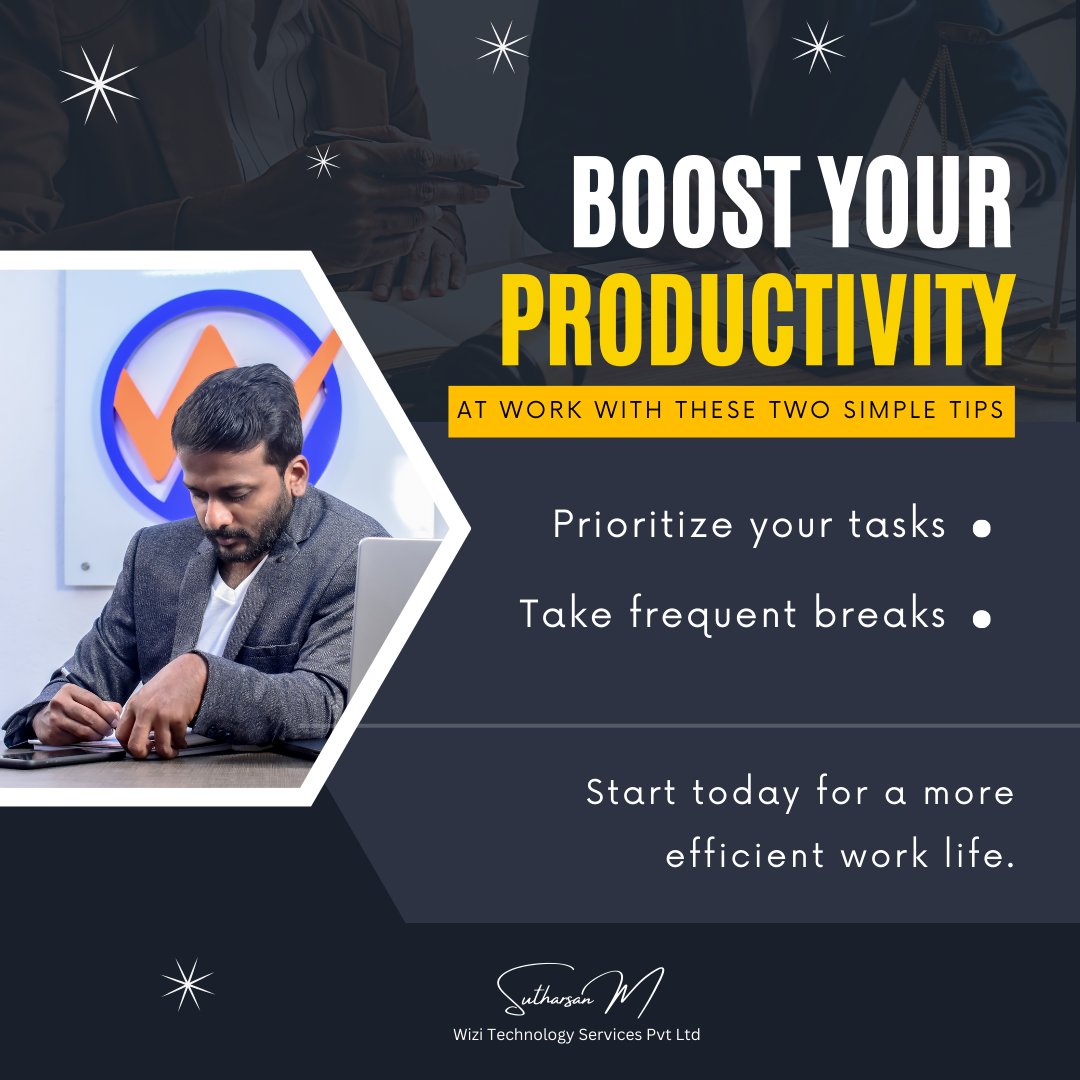 sutharsanceo's tweet photo. Boost your productivity at work with these two simple tips: 
* Prioritize your tasks 
* Take frequent breaks  
Start today for a more efficient work life!  
#productivitytips #worksmarter #efficiencyhacks  #PrioritizeYourTasks #takebreaks #productivityhacks  #worklifebalance https://t.co/9RxrkOXOph