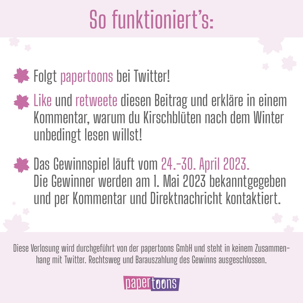 papertoons_de's tweet photo. 🌸 Gewinne eine von drei Kirschblüten nach dem Winter Limited Editions! 🌸 

Um an der Verlosung teilzunehmen, folge uns bei Twitter, like &amp; retweete diesen Beitrag und erkläre in einem Kommentar, warum du den Band unbedingt lesen willst!

Viel Glück! https://t.co/oUMcCJb5HN
