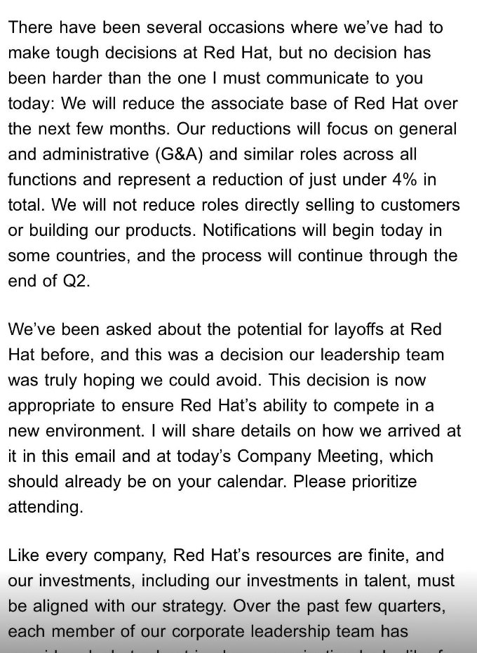 BREAKING: Red Hat will lay off close to 4% of staff over the next few months, <a href="/RedHat/">Red Hat</a> CEO Matt Hicks informed employees in an email this morning.  

The Raleigh-based software company employs about 2,200 in the Triangle area. 

Workers will begin to be notified today.