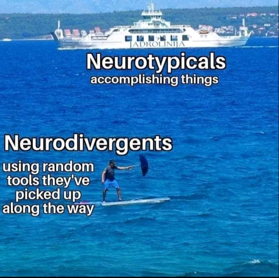 #adhd has its perks. . .You come up with some very creative ways to solve an issue. Other times, you could be the guy on a surf board holding an umbrella 🌂 😆 

#adhdhumor #neurodivergent #adhdawareness #neurodivergentmemes #adhd #nd #adhdmemes