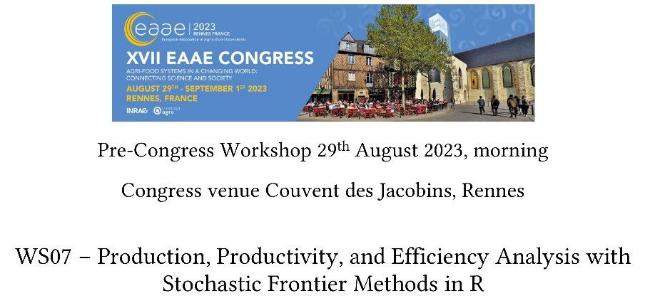 Arne Henningsen (@arnehenningsen) on Twitter photo At the EAAE Congress <a href="/eaae2023_rennes/">EAAE2023 Rennes</a>, join <a href="/HDakpo/">Hervé Dakpo</a> and me at our hands-on pre-conference workshop "Production, Productivity, and Efficiency Analysis with Stochastic Frontier Methods in R" bit.ly/3oBry3U #rstats #EconTwitter #AgEcon #AppliedEcon #Econometrics At the EAAE Congress <a href="/eaae2023_rennes/">EAAE2023 Rennes</a>, join <a href="/HDakpo/">Hervé Dakpo</a> and me at our hands-on pre-conference workshop "Production, Productivity, and Efficiency Analysis with Stochastic Frontier Methods in R" bit.ly/3oBry3U #rstats #EconTwitter #AgEcon #AppliedEcon #Econometrics