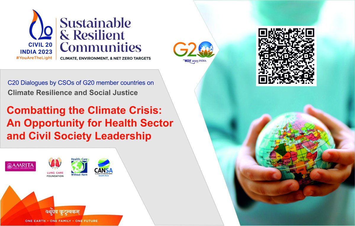 The C20 working group on climate resilience and social justice on “Combatting the Climate Crisis: An Opportunity for Health Sector and Civil Society Leadership” happened in Kochi today.
SCAN THE QR CODE, to read more about it.
#ClimateChangesHealth

@HCWHGlobal
@icareforlungs